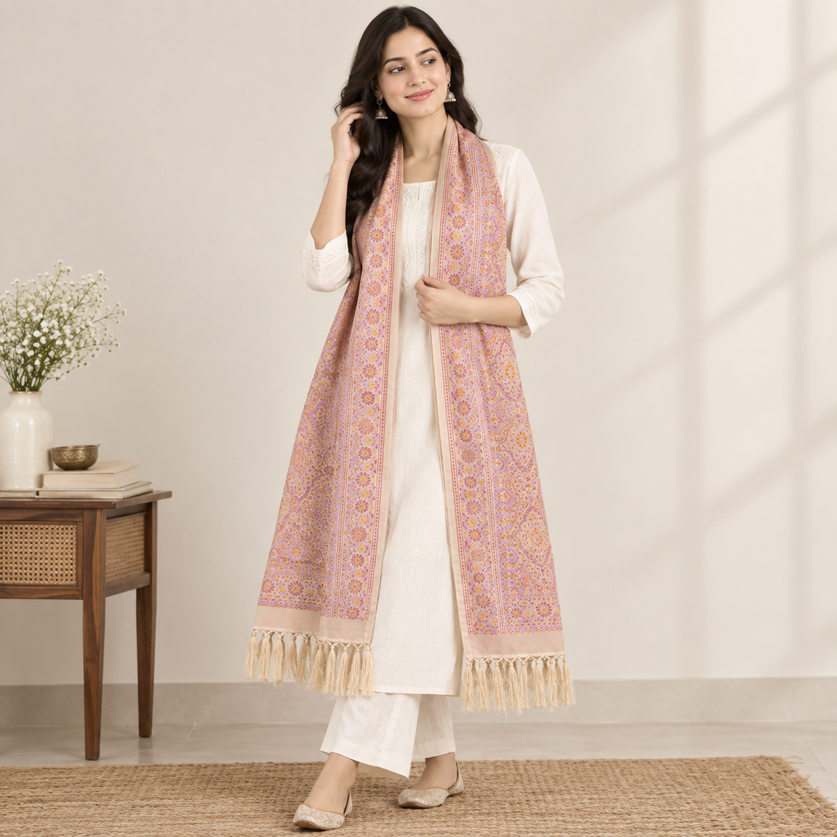 Biege Peach Paisely Design Silk Stole