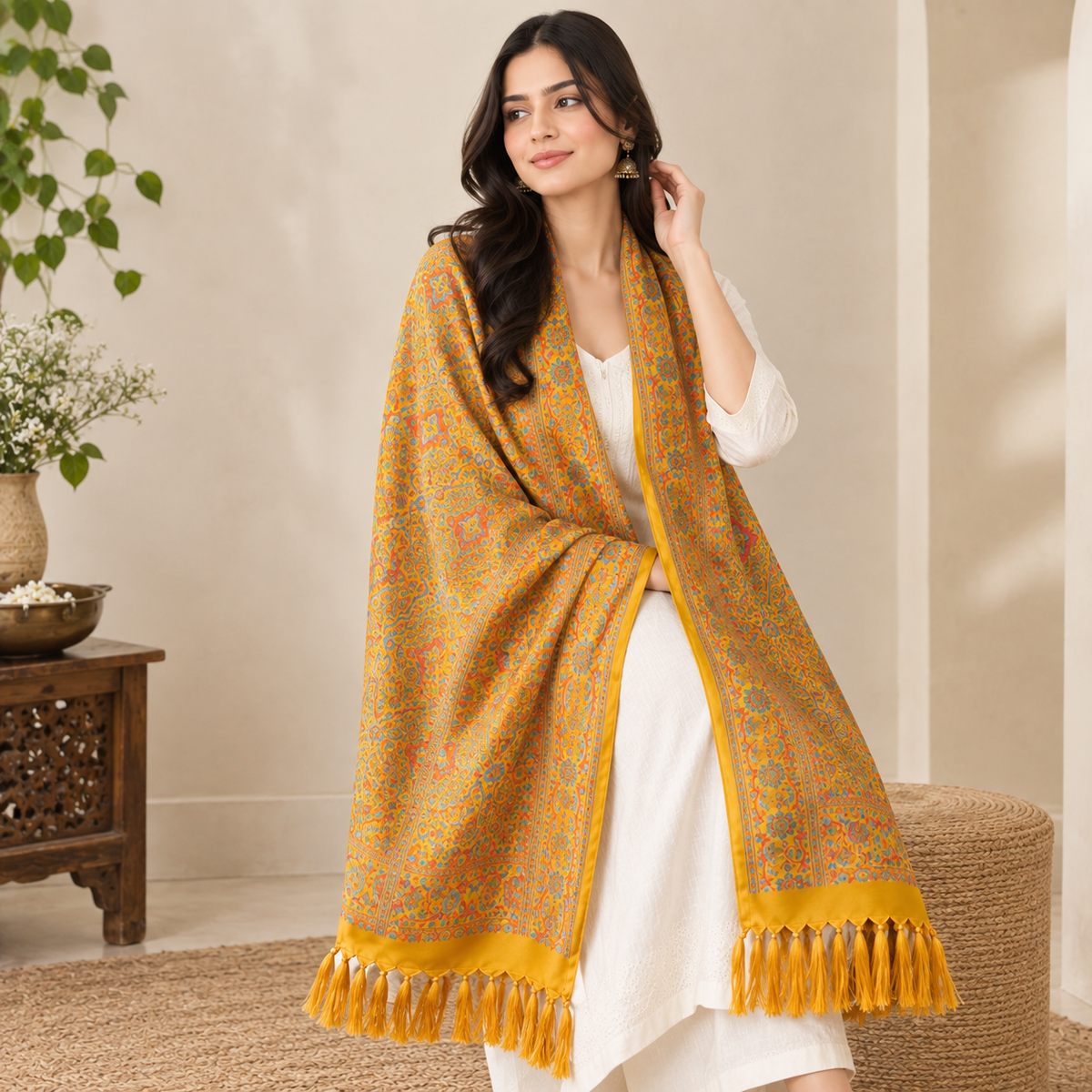 Mustard Yellow Silk Stole Paisely Design