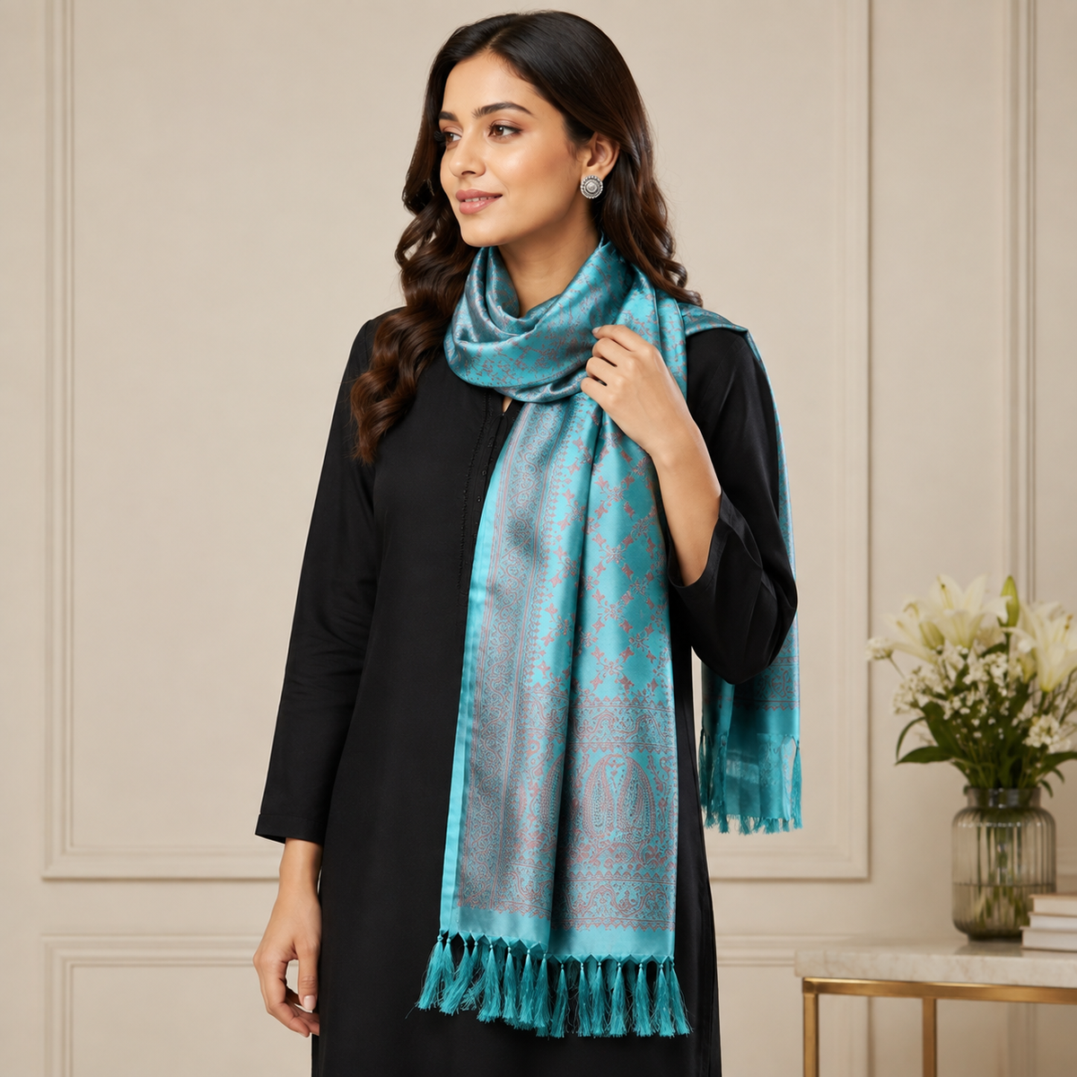 SILK STOLE - DARK TURQUOISE MINT ROSE