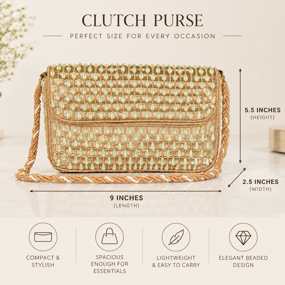 Golden Pearl Beaded Clutch for Women
