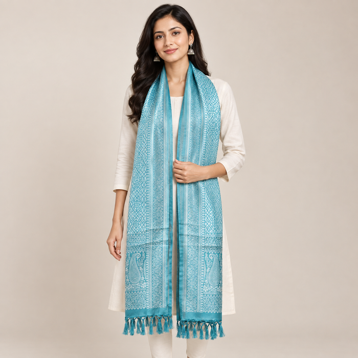 Blue Silver Ocatavia Design Silk Stole
