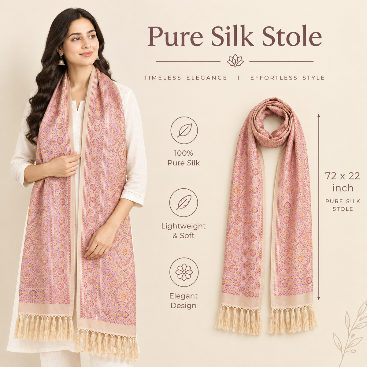 Biege Peach Paisely Design Silk Stole