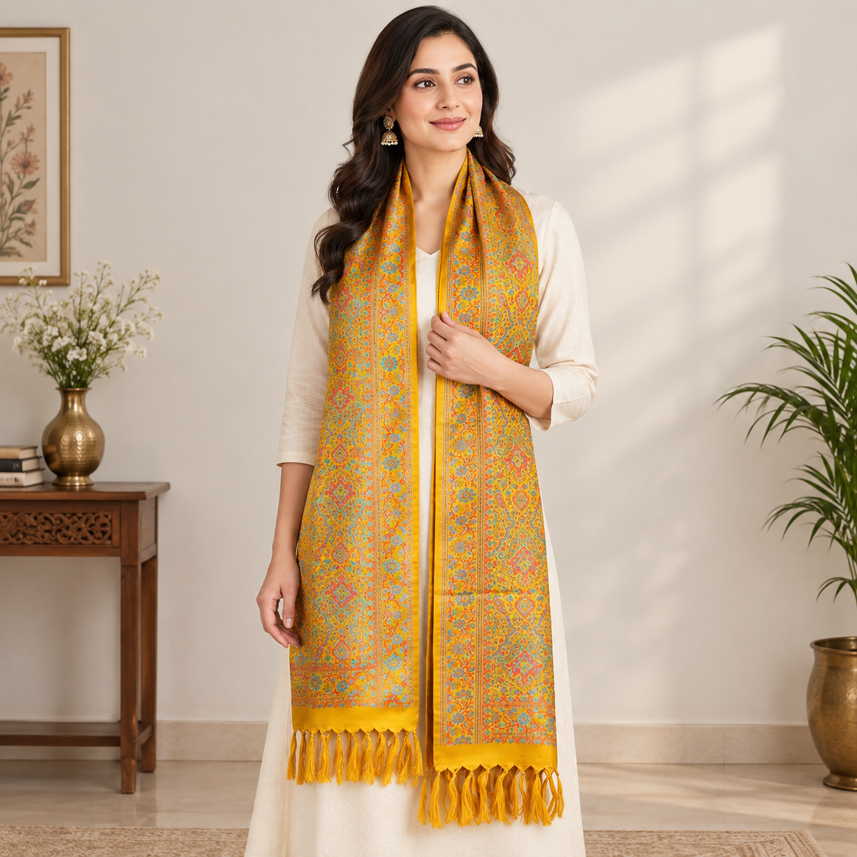 Mustard Yellow Silk Stole Paisely Design