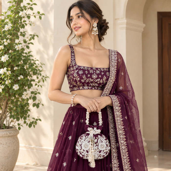 Wine Pearl Shine Potli Bag