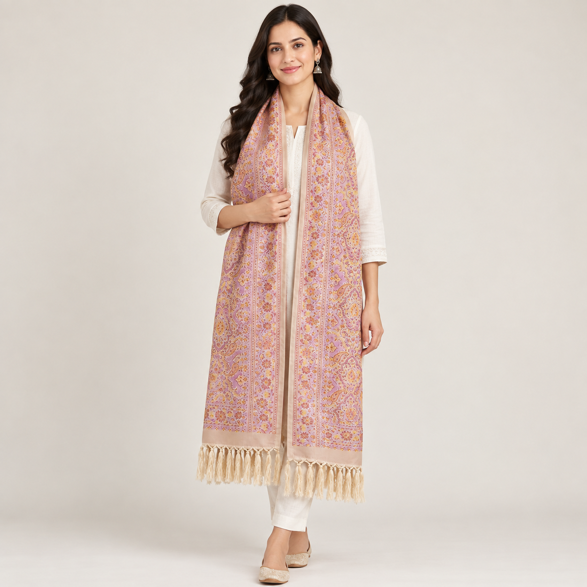 Biege Peach Paisely Design Silk Stole