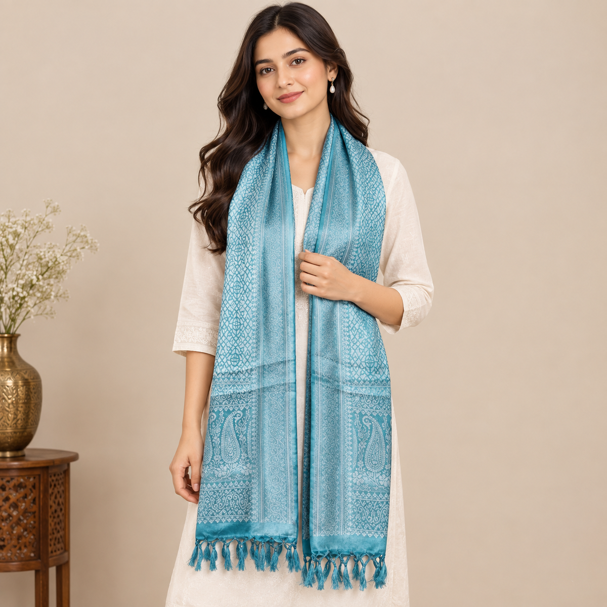 Blue Silver Ocatavia Design Silk Stole