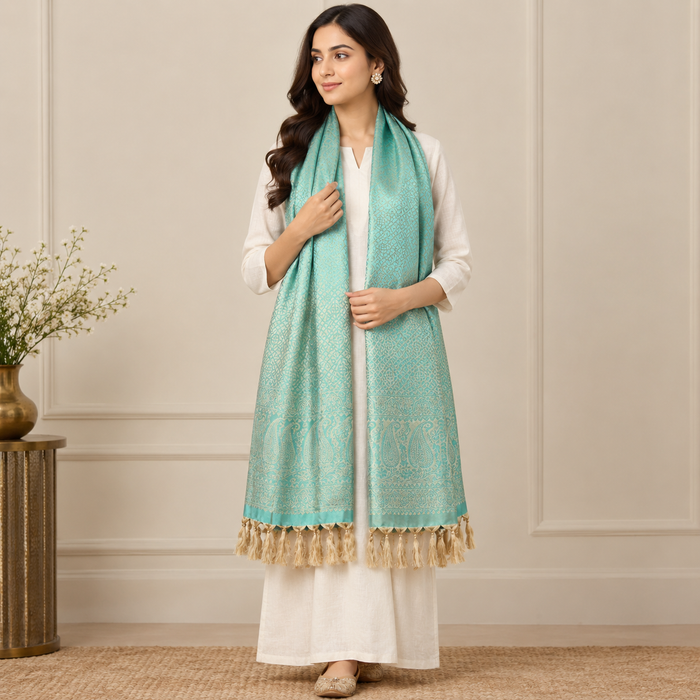 Minted Teal Weave Leaf Silk Stole