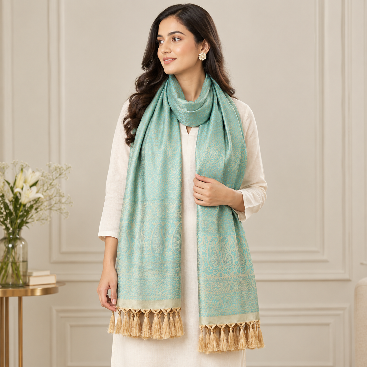 Minted Teal Weave Leaf Silk Stole