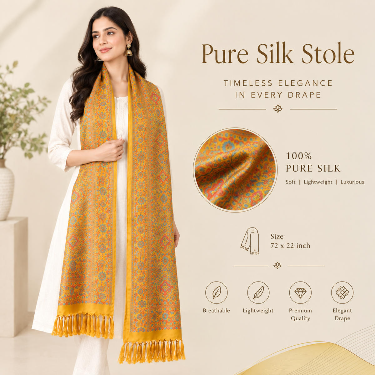 Mustard Yellow Silk Stole Paisely Design