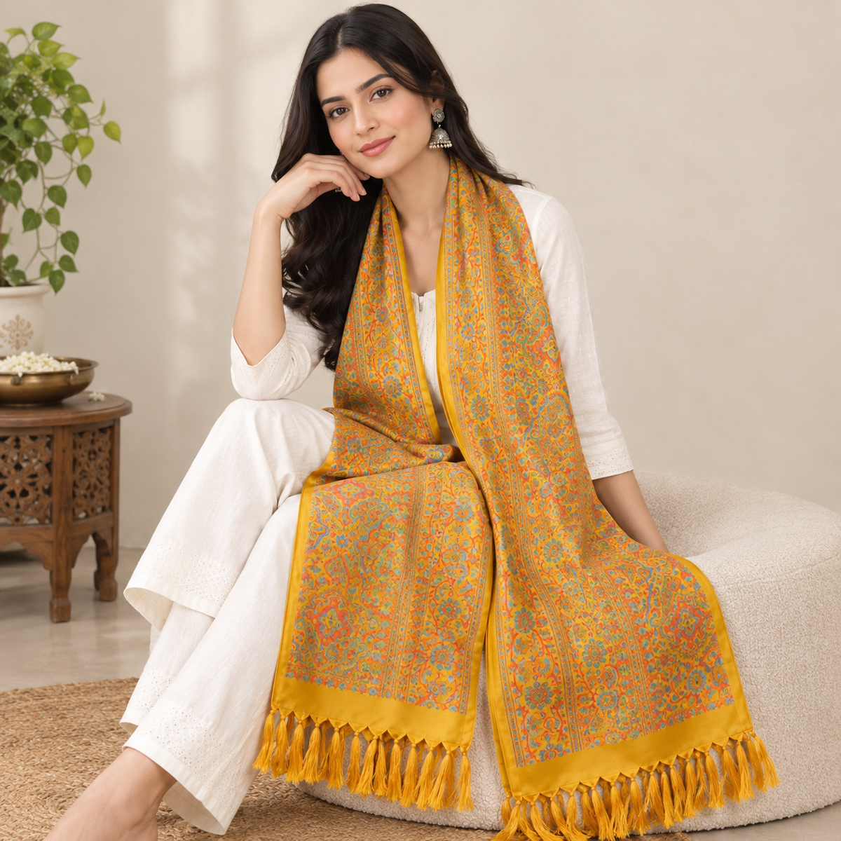 Mustard Yellow Silk Stole Paisely Design