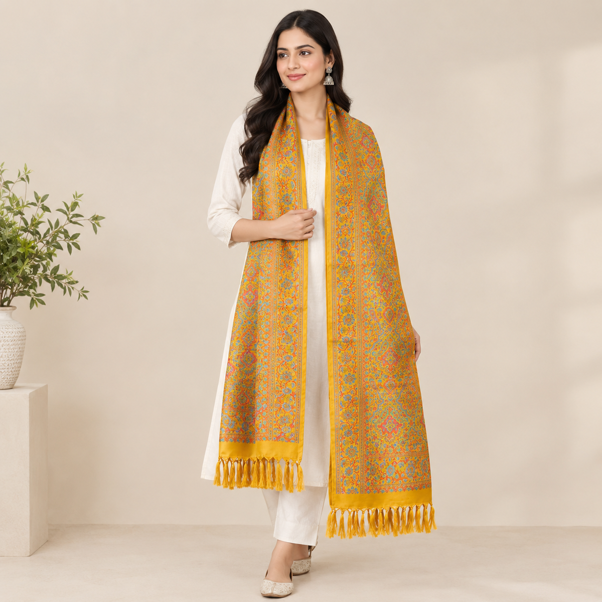 Mustard Yellow Silk Stole Paisely Design