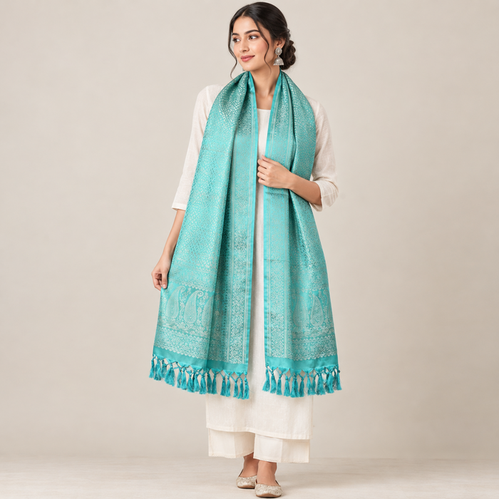 Aqua Heritage Weave Leaf Design Silk Stole