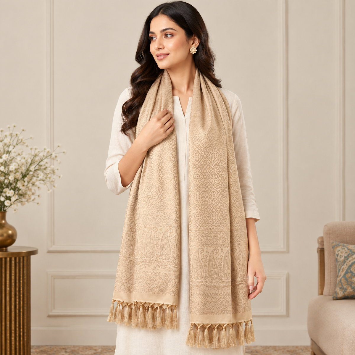 Ivory Brown Mist Leaf Design Silk Stole