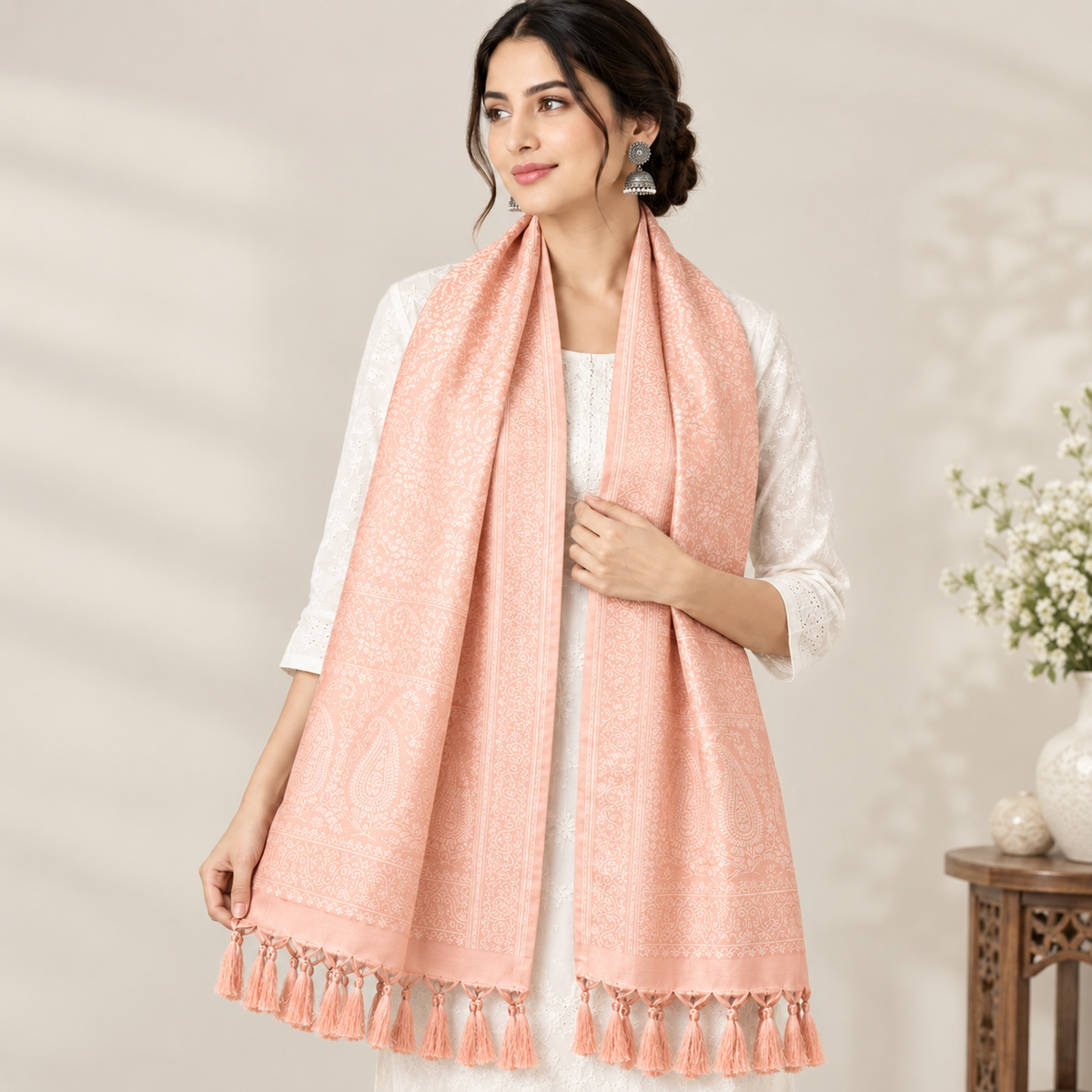 Peach Tanchoi Silk Stole