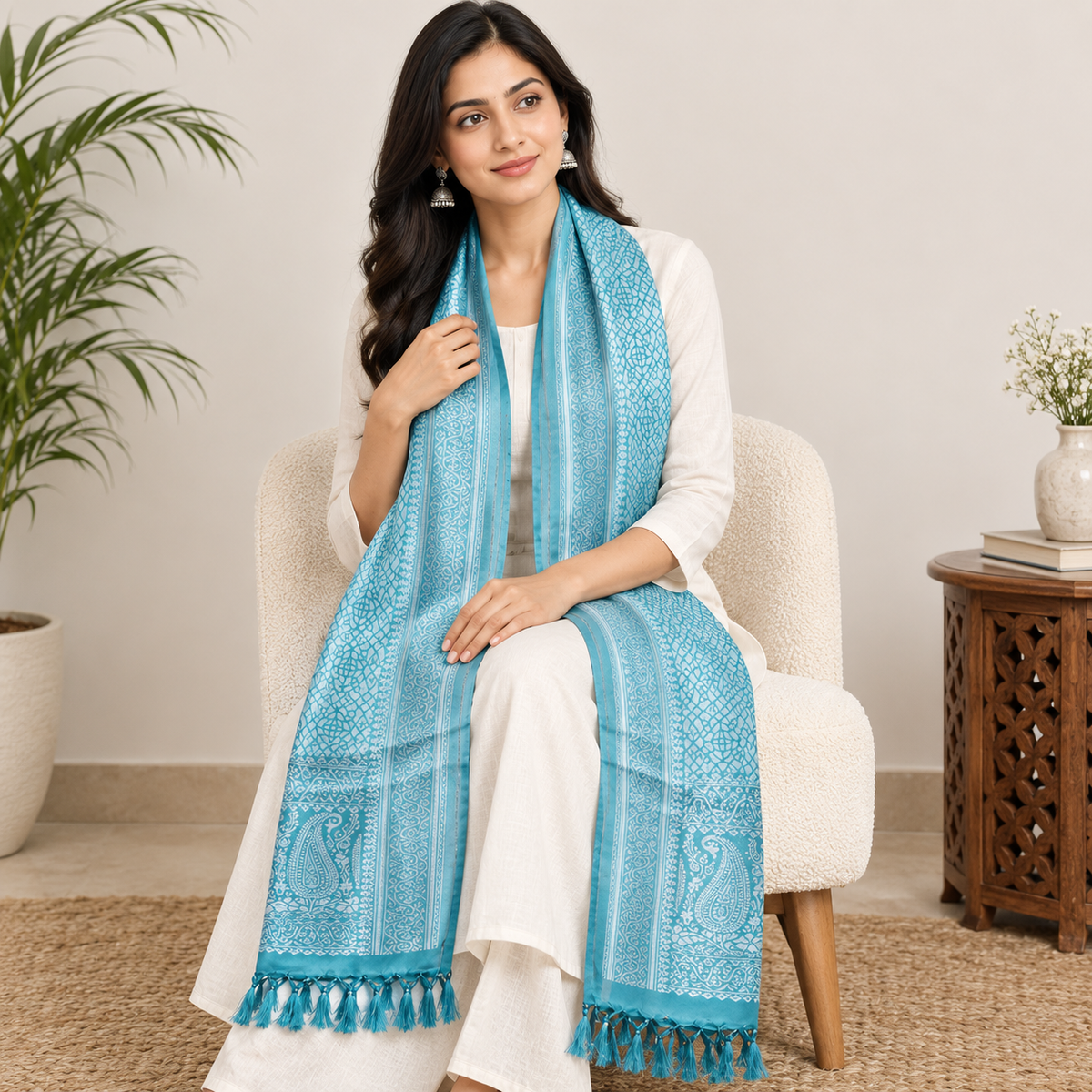 Blue Silver Ocatavia Design Silk Stole