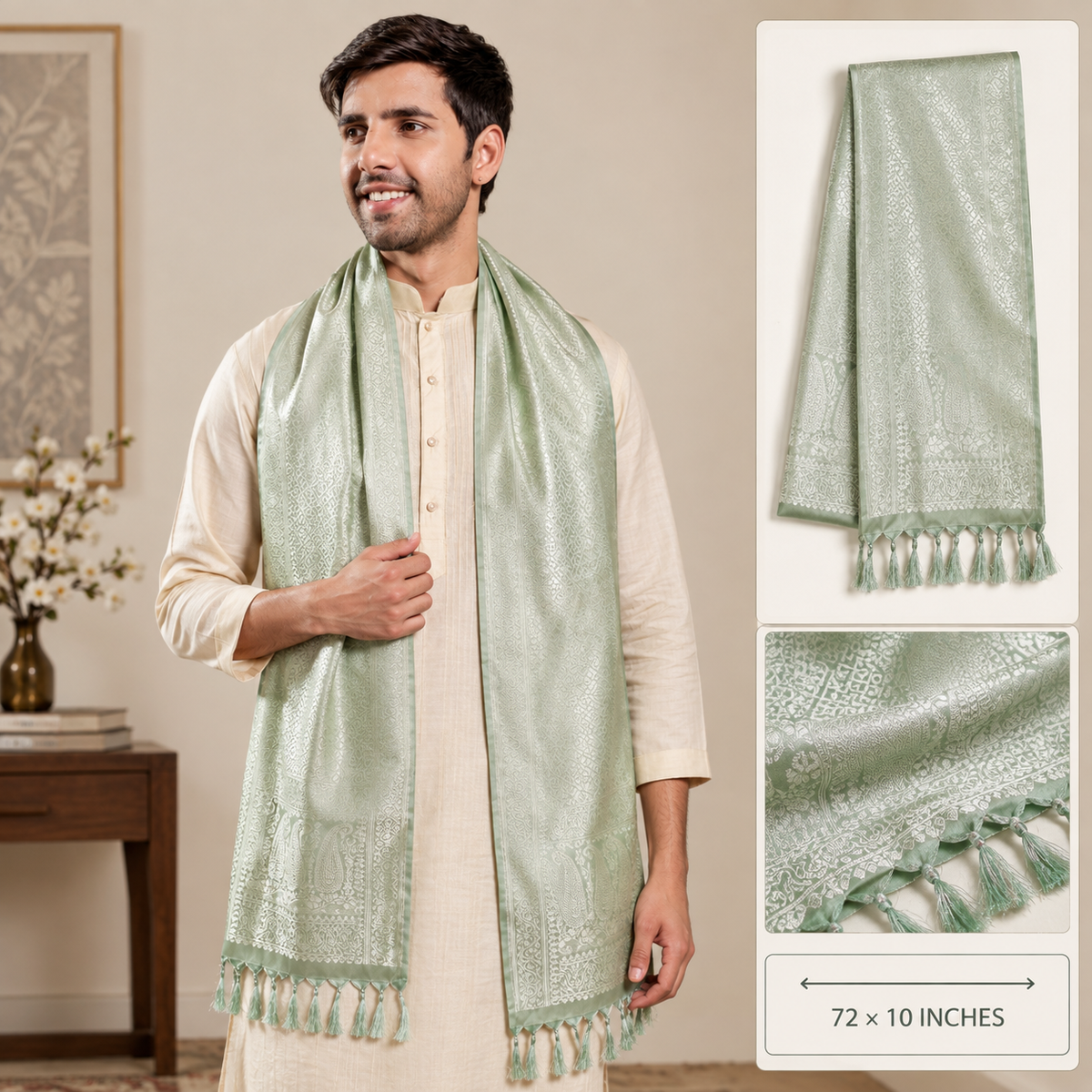 Pista Green Leaf Design Silk Men's Scarf