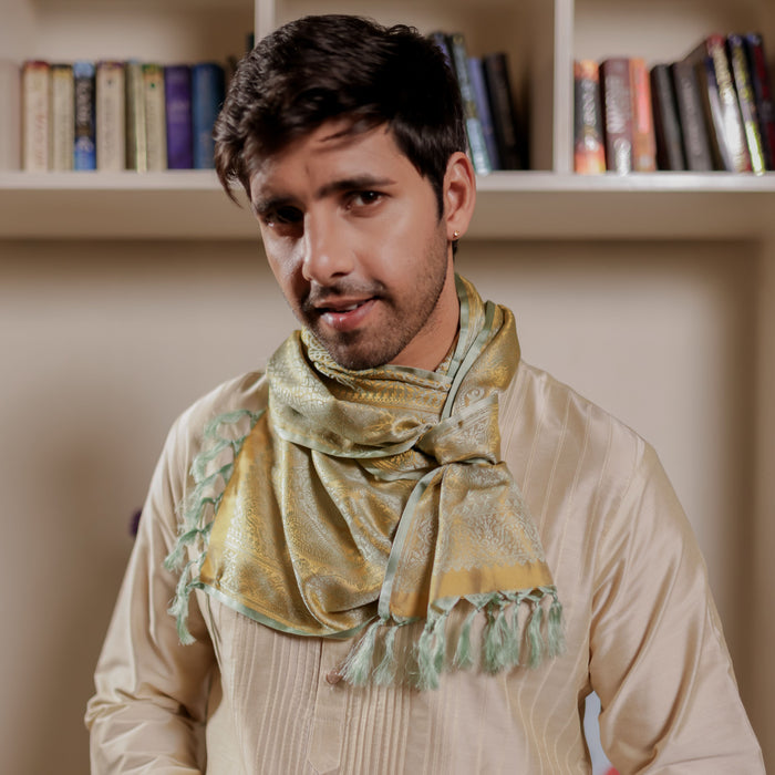 Grey & Gold Leaf Design Silk Men's Scarf