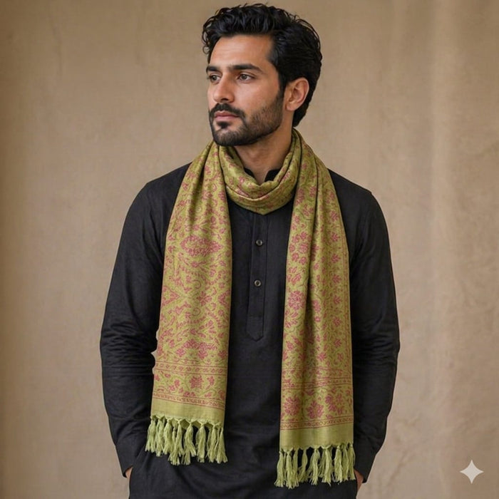 Handwoven Silk Men’s Scarf with Tassels – Pista Green Paisley Design