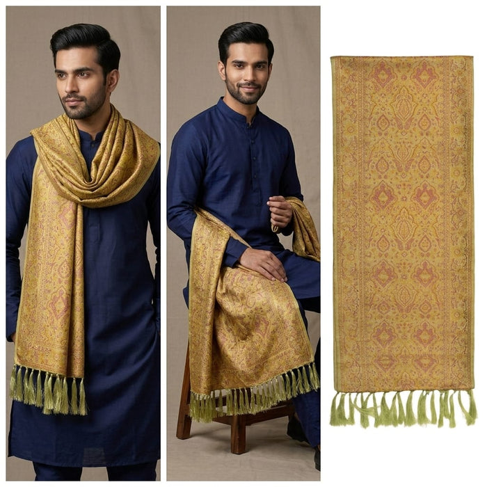 Handwoven Silk Men’s Scarf with Tassels – Pista Green Paisley Design