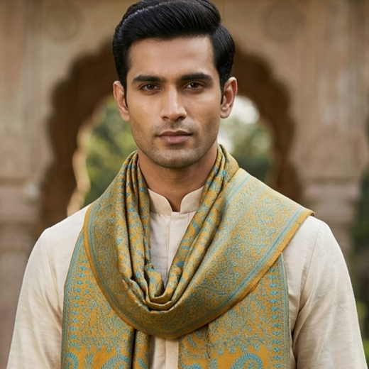 Handwoven Silk Men’s Scarf with Tassels – Golden Teal Floral  Design