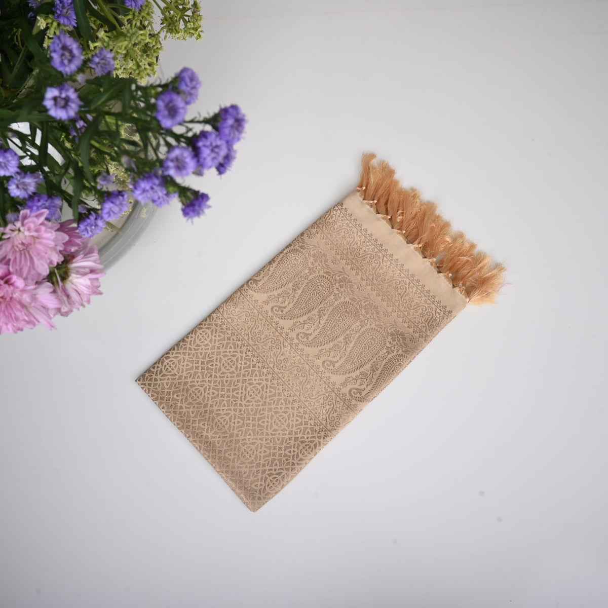 Ivory Brown Mist Leaf Design Silk Stole
