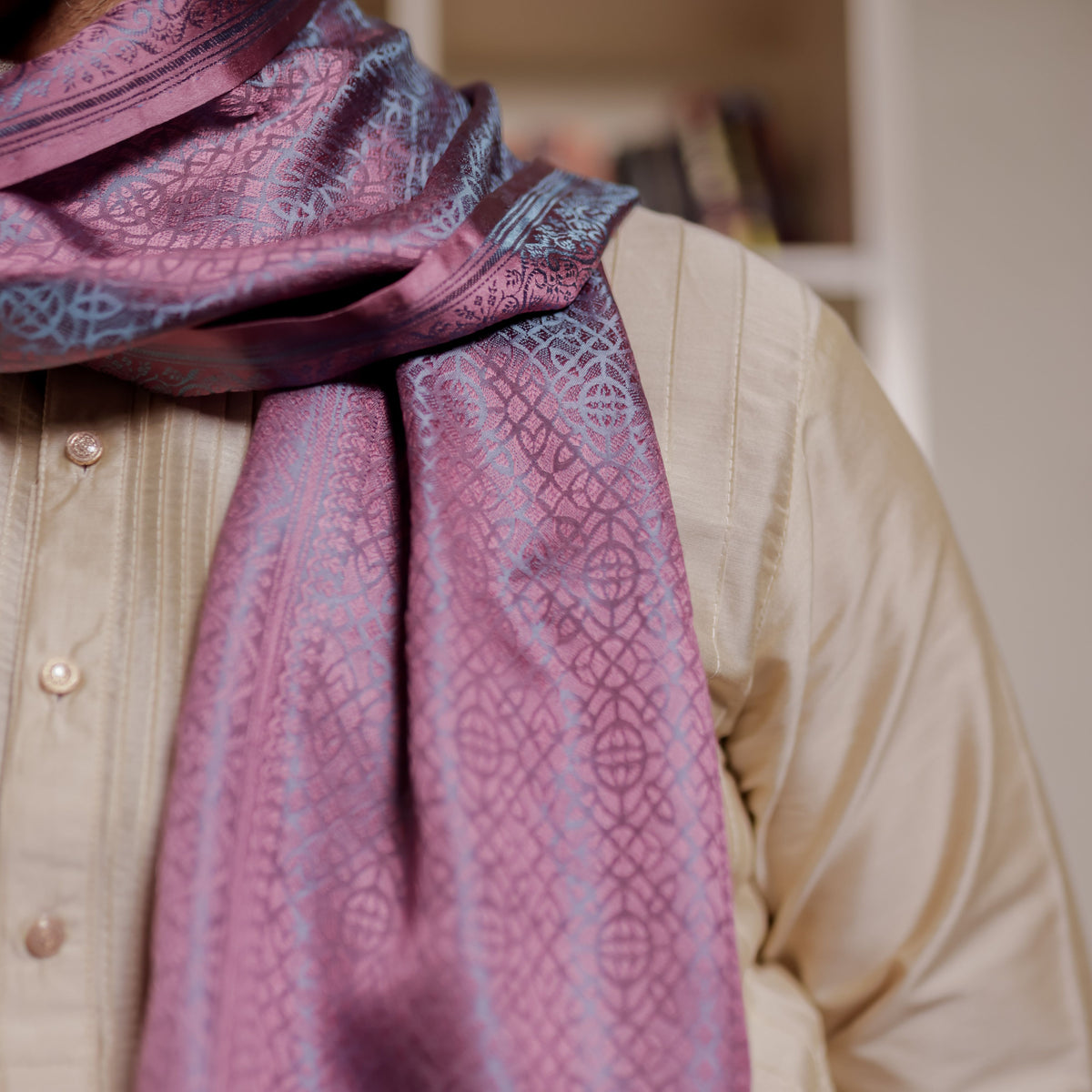 Magenta & Blue Leaf Design Silk Scarf