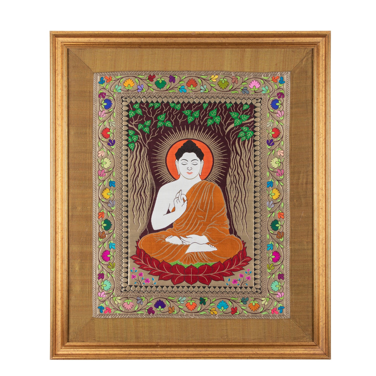 Framed artwork of a seated Buddha figure with colorful floral border
